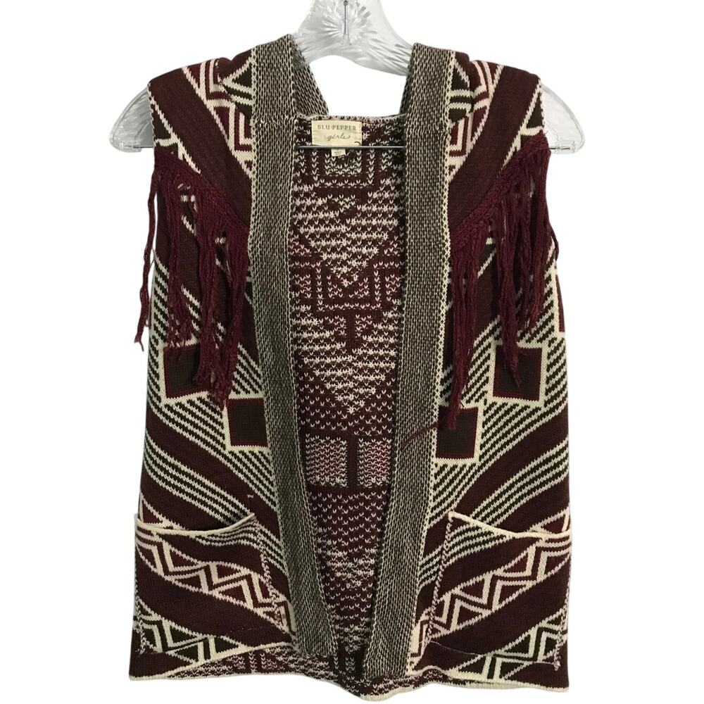 Blu Pepper Sweater Small Junior Hoodie Boho Southwest Fringe Geometric Retro Sm